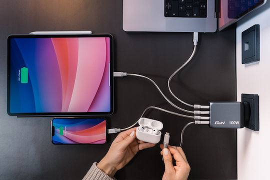 Verbatim Φορτιστής Χωρίς Καλώδιο GaN με Θύρα USB-A και 3 Θύρες USB-C 100W Power Delivery / Quick Charge 3.0 Γκρι (GNC-100)