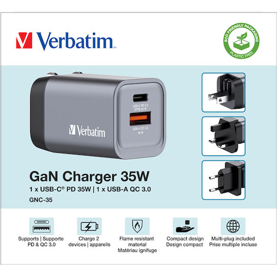 Verbatim Wireless Charger GaN With USB-A Output Port And USB-C Output Port 35W Power Delivery Quick Charge 3.0 Gray GNC-35