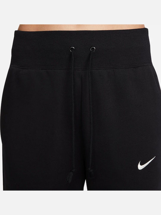 Phoenix Fleece Women's High-waisted Fabric Capri Trousers Loose Fit Black