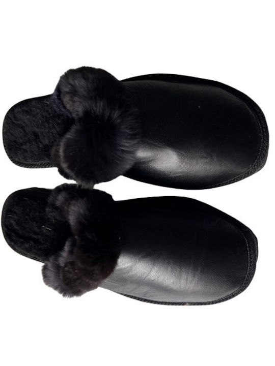 Leatherland Winter Women's Slippers with fur in Black color