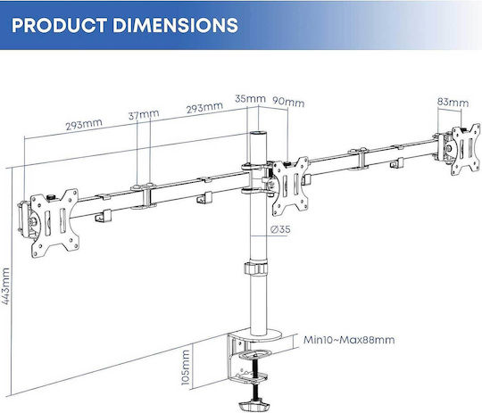 Putorsen MAS-3 Schreibtisch Halterung für 3 Monitore bis 27" mit Arm Weiß