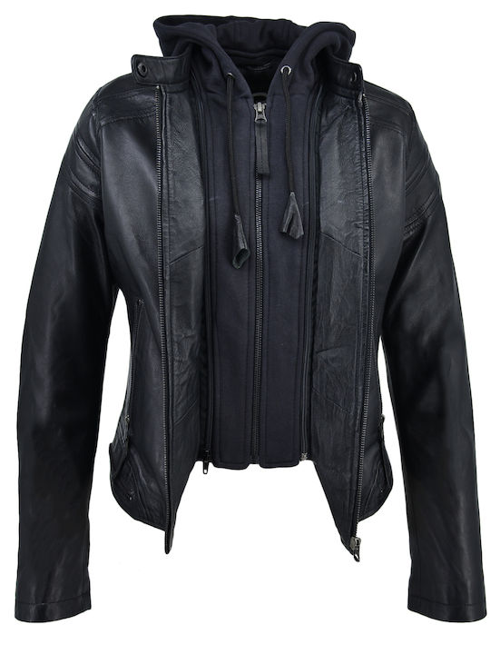 Δερμάτινα 100 Women's Short Lifestyle Leather Jacket for Winter with Detachable Hood Black (BLACK)