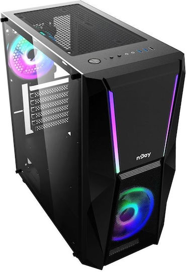 NJOY Fort Gaming Midi-Turm Computergehäuse mit Seitenfenster und RGB-Beleuchtung Schwarz