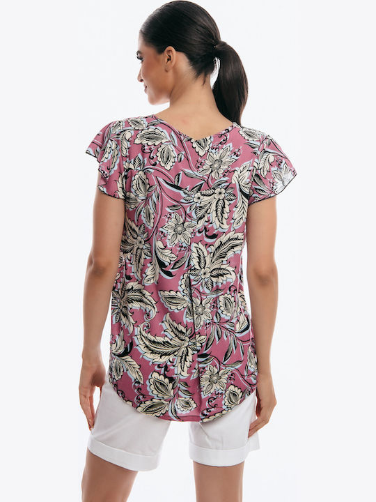 Damen Bluse Kurzärmelig mit V-Ausschnitt Pink