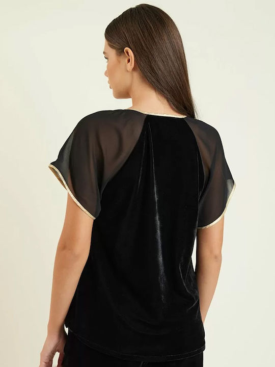 Forel Women's Crop Top Velvet Drape Short Sleeve black