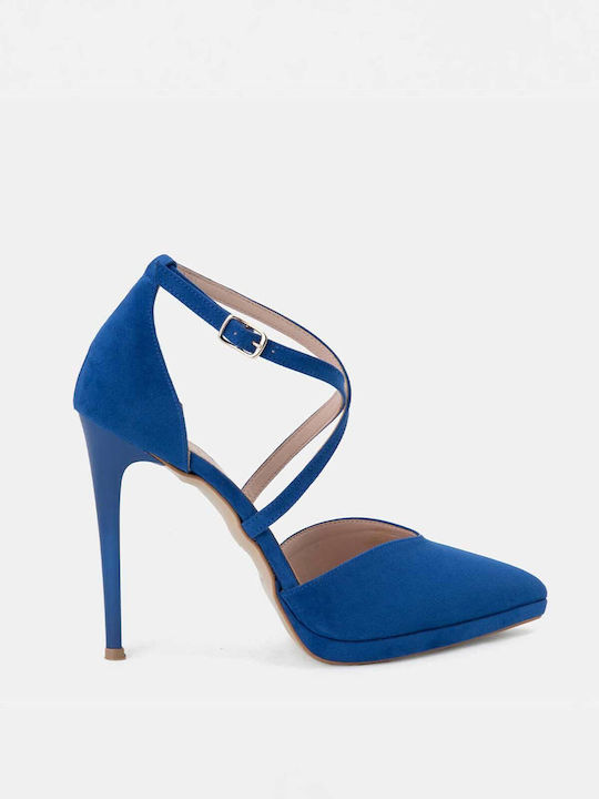 Bozikis Suede Pointed Toe Stiletto Blue High Heels with Strap