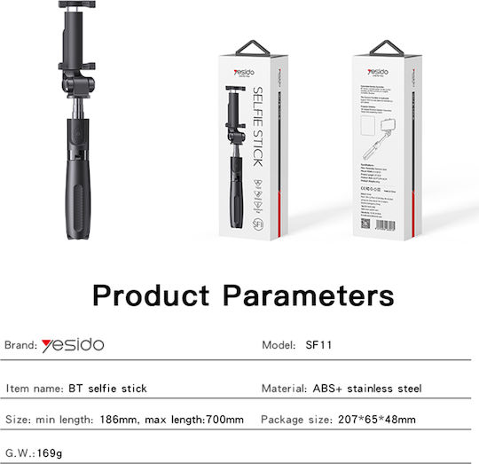 Yesido SF11 Selfie Stick Τρίποδο Κινητού Bluetooth Μαύρο
