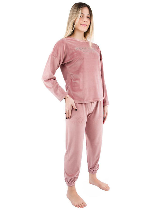 Calzedoro Winter Damen Pyjama-Set Samt Soft Pink