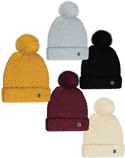Pom Pom Beanie Γυναικείος Σκούφος Πλεκτός σε Μπορντό χρώμα