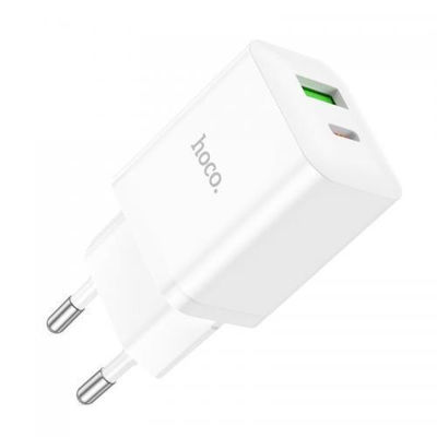 Hoco Charger Without Cable with USB-A Port and USB-C Port 20W Quick Charge 3.0 Whites (N28)