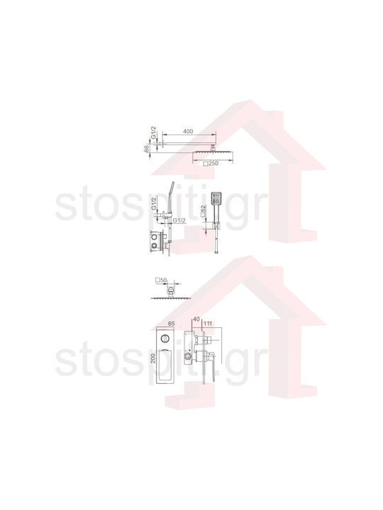 Imex Fiyi Built-in Mixer, Hand Shower & Shower Head Set for Shower 2 Exits Black