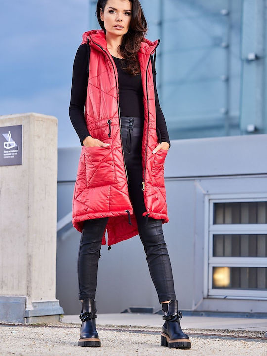 Awama A543 Lang Damen Ärmellos Puffer Jacke für Winter ΚΟΚΚΙΝΟ