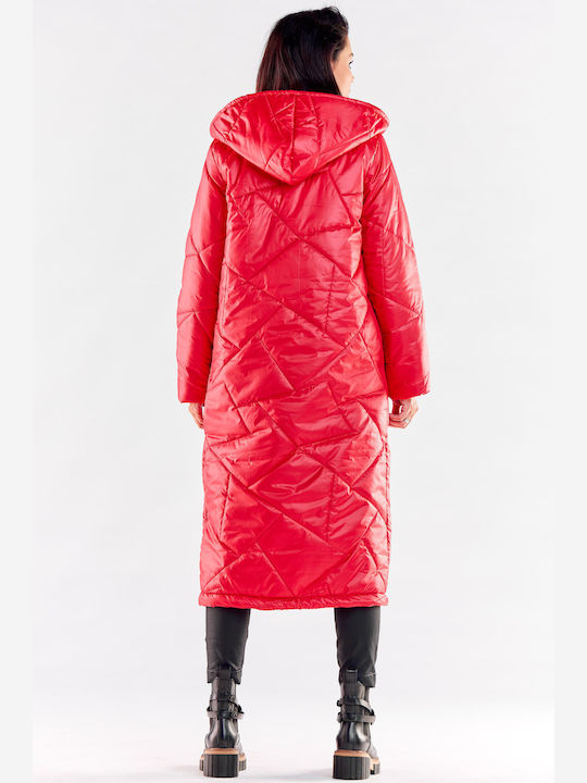 Awama Women's Long Puffer Jacket for Spring or Autumn Red