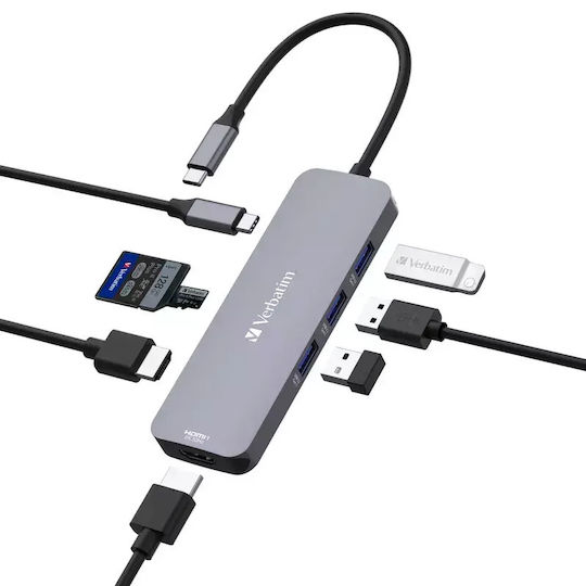 Verbatim USB-C Pro CMH-08 USB-C Docking Station with HDMI 4K PD and Support for 2 Monitors Gray