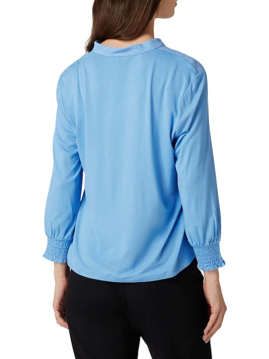 MORE & MORE Damen Bluse Langärmelig mit V-Ausschnitt Blue.