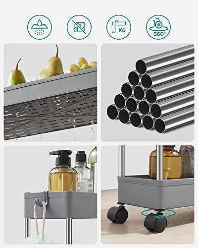 Songmics Kitchen Trolley Metallic 3 Tiers Grey 42x13.5x61cm