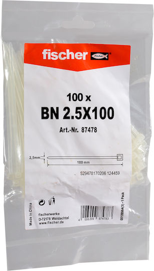 fischer Cable Ties Plastic 100mm x 2.5mm in Transparent Colour (100 pcs)