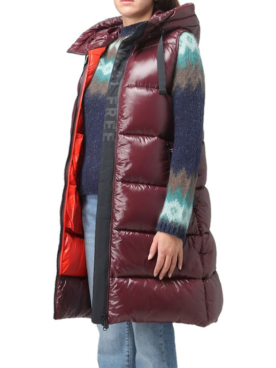 Save The Duck Women's Long Puffer Jacket for Winter Burgundy Black