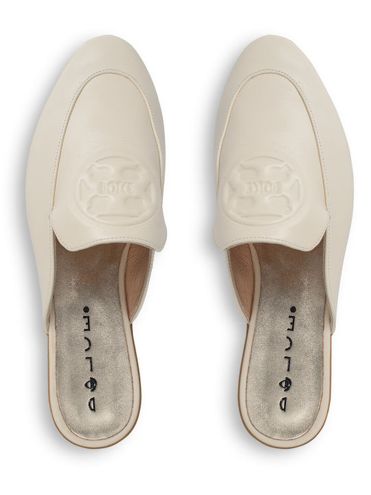 Flat Leather Mules in Beige Color