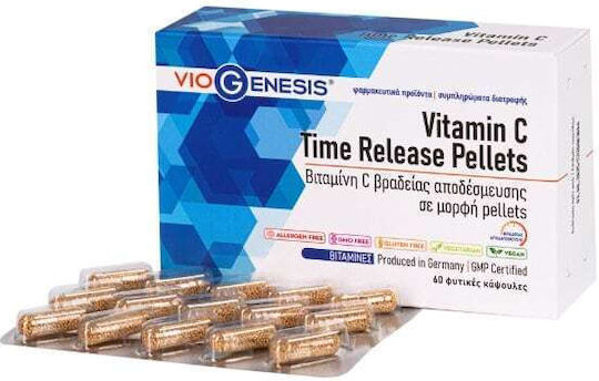 Viogenesis Vitamin C Time Release Pellets Vitamina pentru Întărirea Sistemului Imunitar, Pielea & Acțiune Antioxidantă 660mg 60 capsule veget