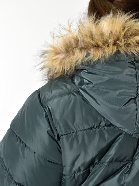 Women's Short Puffer Jacket for Winter with Hood Petrol Blue
