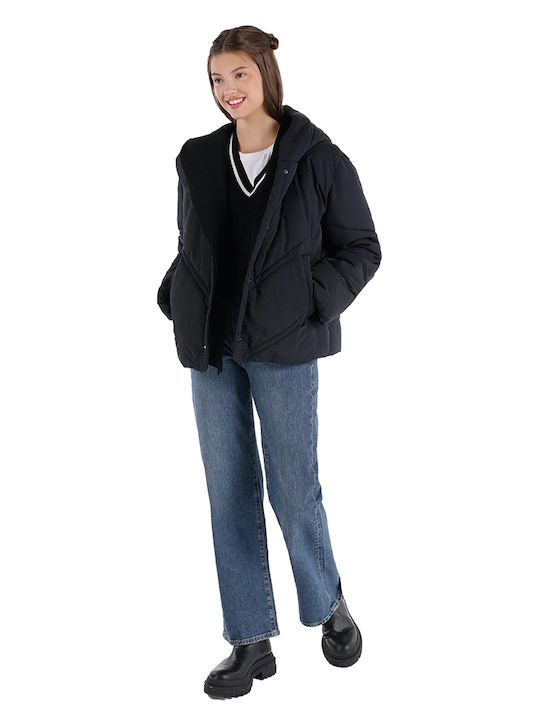 Kurz Damen Puffer Jacke für Winter Black