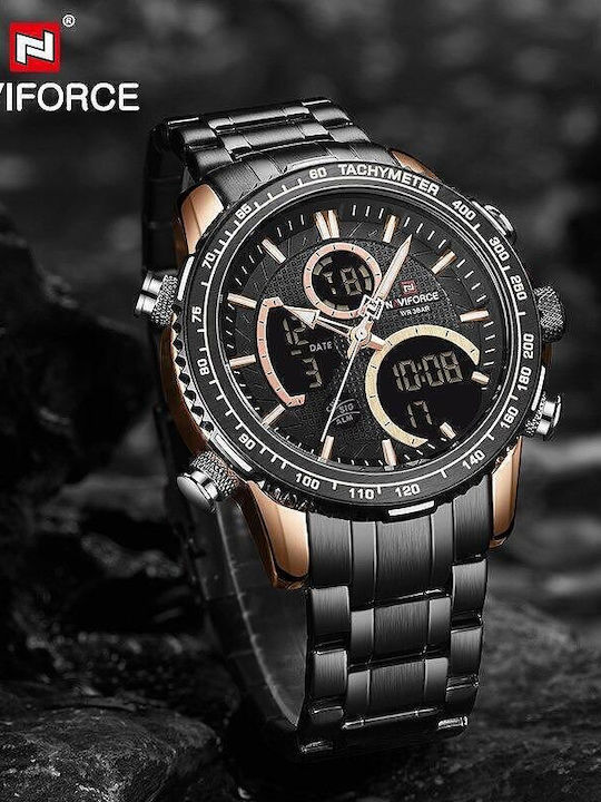 Naviforce Ceas Bărbați 46mm Cronograf Baterie cu Brățară din metal Neagră