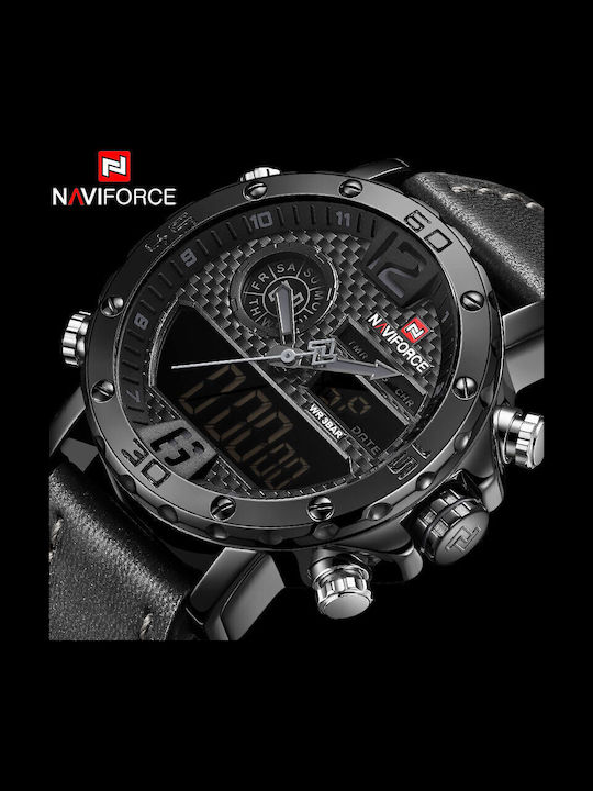 Naviforce Мъжки Часовник 45mm Хронограф На Батерия С Черна Кожена Каишка