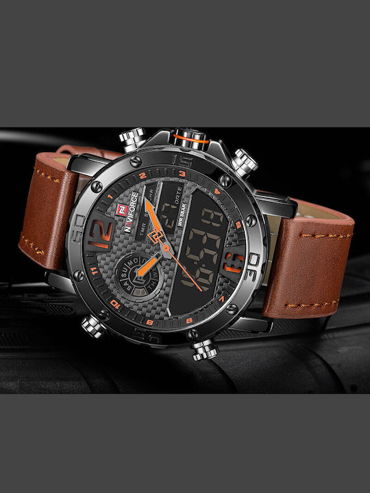 Naviforce Herrenuhr 45mm Chronograph Batterie mit Braun Lederarmband