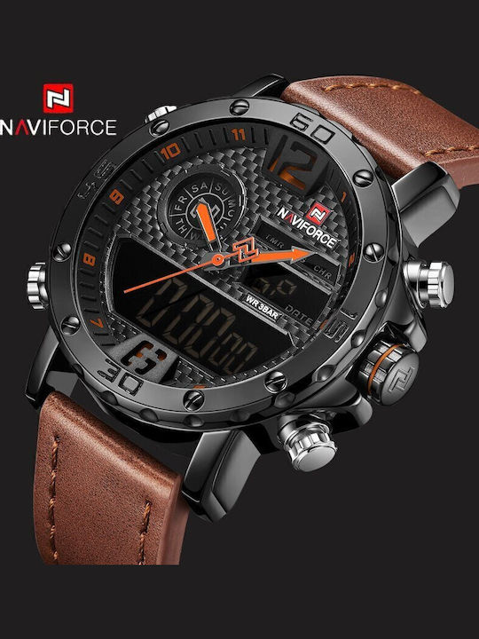 Naviforce Herrenuhr 45mm Chronograph Batterie mit Braun Lederarmband
