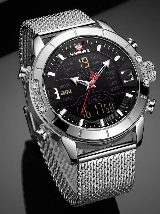 Naviforce Мъжки Часовник 45mm Хронограф На Батерия със Сребрист Ацетиленов Гривна