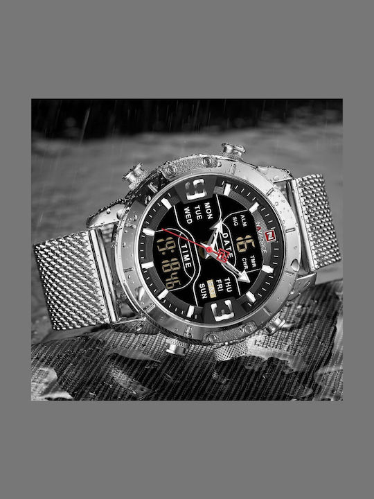 Naviforce Мъжки Часовник 45mm Хронограф На Батерия със Сребрист Ацетиленов Гривна