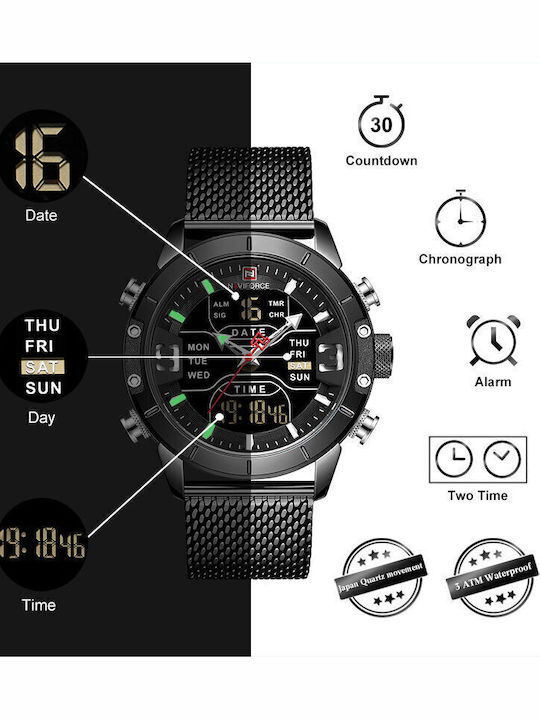 Naviforce Herrenuhr 45mm Chronograph Batterie mit Schwarz Metallarmband
