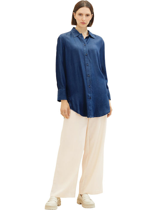 Women's Denim Long Sleeve Shirt Blue (clean Mid Stone Blue Denim)
