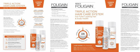 Foligain Triple Action Hair Care System Hair Treatment Set with Shampoo and Spray 3pcs