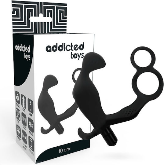 Addicted Toys Plug With Double Penis Ring & Testicles Δονούμενο Δαχτυλίδι Πέους με Πρωκτική Σφήνα Black