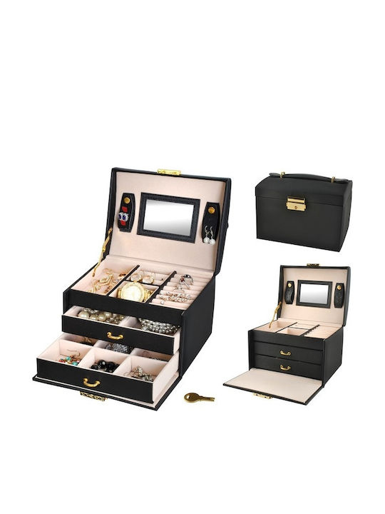 Go Clever Fabric Jewellery Box with Drawer & Black Mirror 17.5x13.8x13.5cm