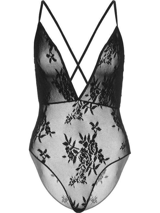 Leg Avenue Deep V Floral Lace Teddy Black