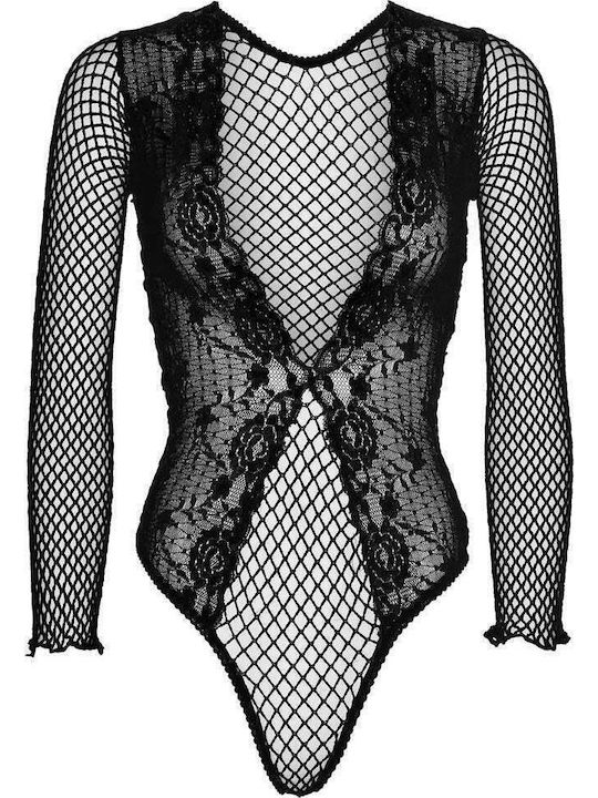 Leg Avenue High Cut Deep V Lace Thong Teddy Black