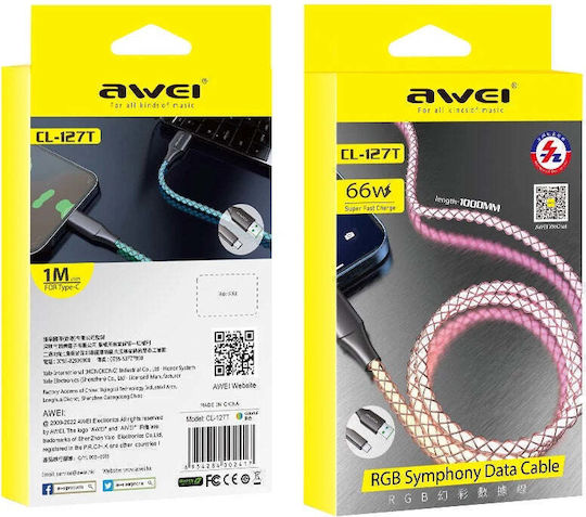 Awei Braided USB 2.0 Cable USB-C Male - USB-A 66W PD Multicolour 1m 887868
