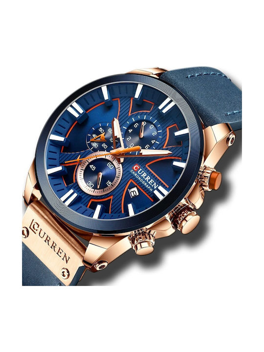 Curren Men's Watch Chronograph Battery with Blue Leather Strap