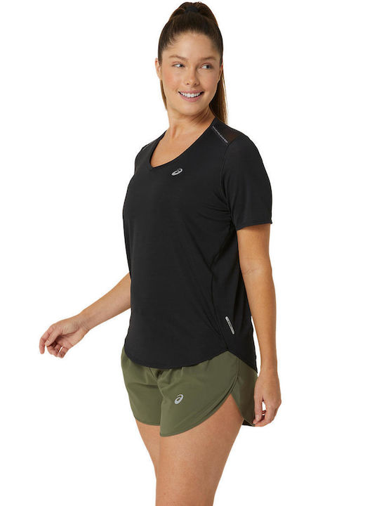 ASICS Damen Sport T-Shirt mit V-Ausschnitt BLK