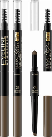 Eveline Brow Styler Multifunktion 3in1 Dreieckiger Automatischer Bleistift Augenbrauen-Make-up 01 Mittleres Brauntönen