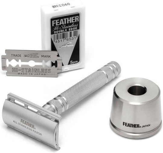 Feather All Stainless Steel Double-Edge AS-D2S Ξυραφάκι Ασφαλείας Ανοιχτού Τύπου για Ευαίσθητες Επιδερμίδες με Βάση