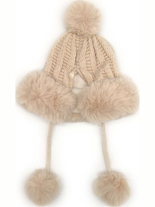 Pom Pom Beanie Γυναικείος Fleece Σκούφος Πλεκτός σε Μπεζ χρώμα