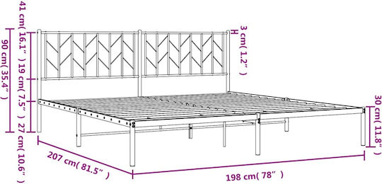 Метално Легло King Size Черно с Дъски за Матрак 193x203см