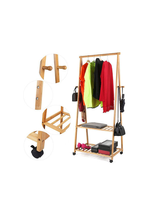 Bakaji Τροχήλατη Κρεμάστρα Δαπέδου από Bamboo Καφέ 70x33x153cm