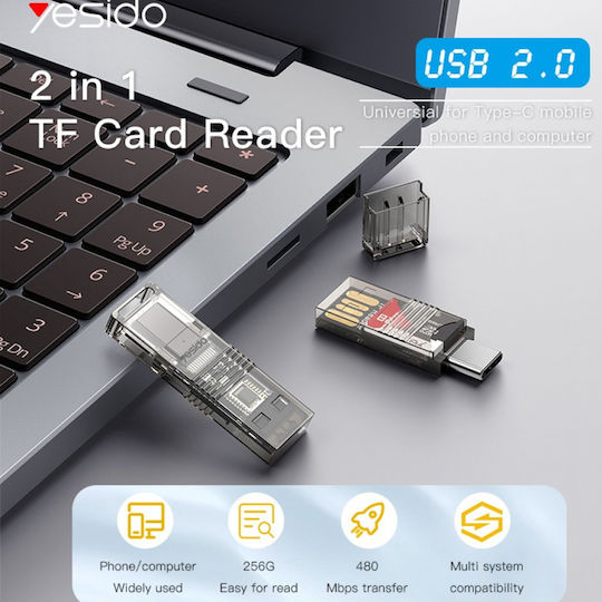Yesido GS21 Четец на Карти USB 2.0 Type-C за / /м/и/к/р/о/ /S/D/ / / / / Transparent