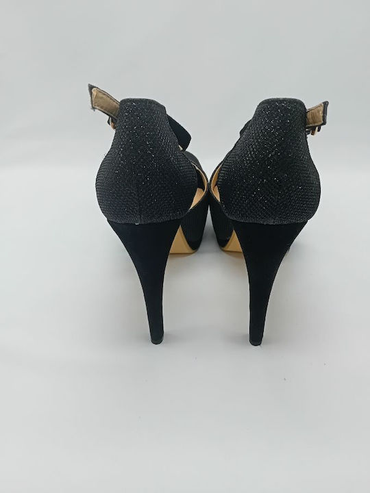 Fullah Sugah Peep Toe Black High Heels with Strap