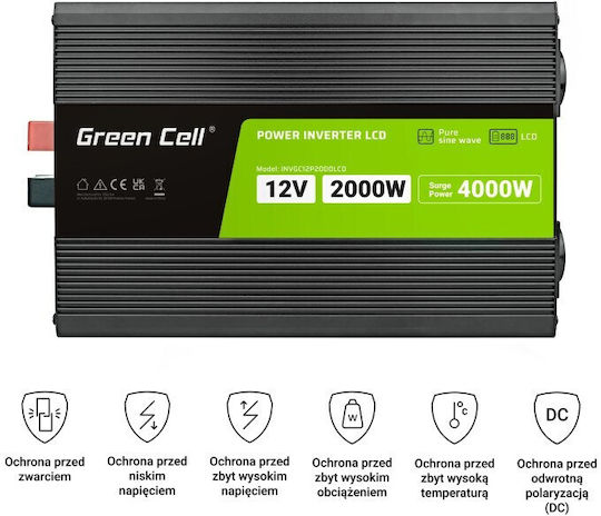 Green Cell Inverter Αυτοκινήτου Καθαρού Ημιτόνου για 12V DC